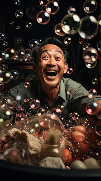 een man glimlacht en lacht met bubbels voor hem