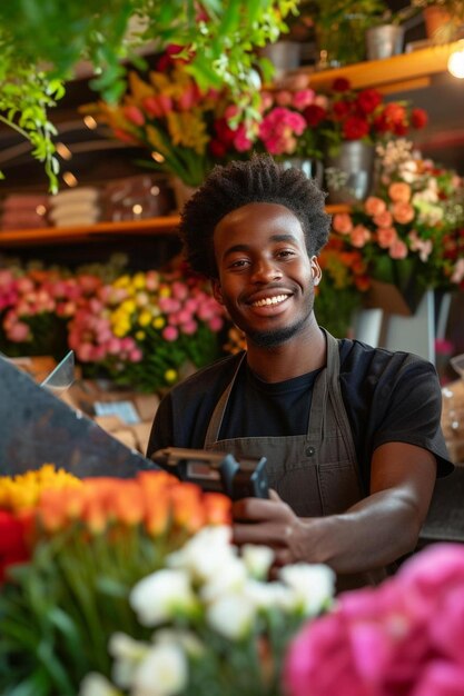 Foto een man glimlacht in een bloemenwinkel.