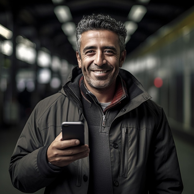 een man glimlacht terwijl hij een telefoon in zijn hand houdt