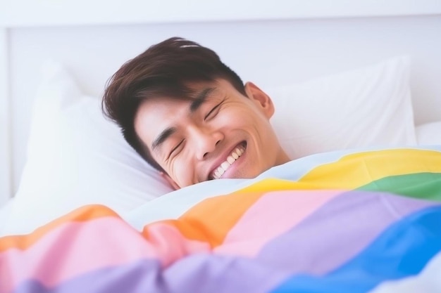 een man glimlacht terwijl hij in een bed ligt met een kleurrijke deken