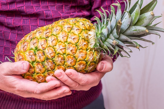 Een man heeft een lekkere rijpe ananas in zijn handen