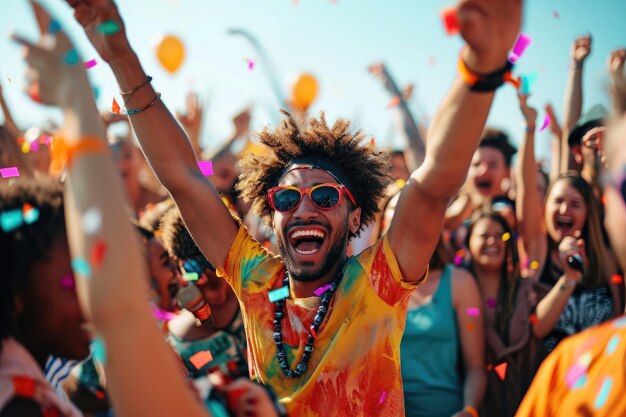 Een man heft vreugdevol zijn armen in viering te midden van een kleurrijke regen van confetti Vreugdevolle mensen springen en dansen op een muziekfestival AI gegenereerd