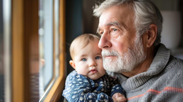 Foto een man houdt een baby in zijn armen en kijkt uit het raam.