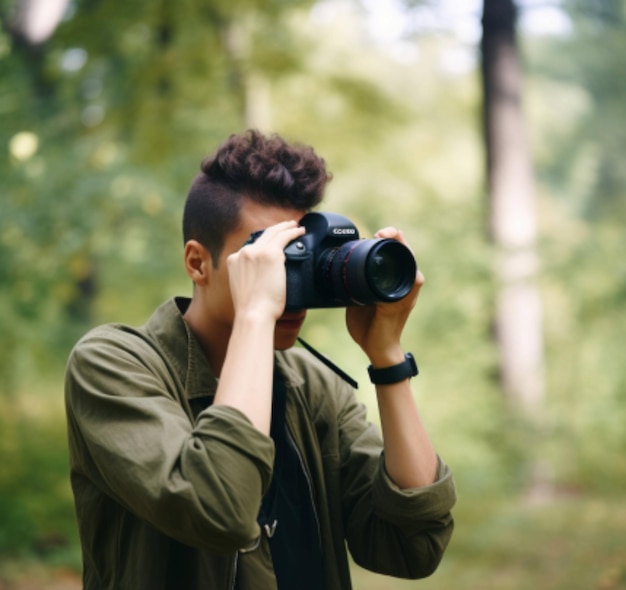 Een man houdt een camera vast en draagt een groen shirt