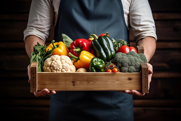 Een man houdt een doos met verse groenten uit de tuin Koop of verkoop van verse groenten AI generatieve