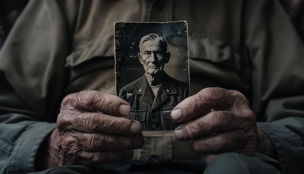 Een man houdt een foto vast van een man in een militair uniform.