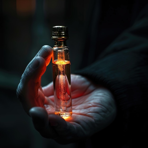 Een man houdt een glazen fles met een magisch drankje in zijn hand