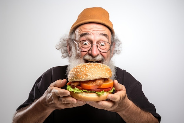 Foto een man houdt een grote hamburger vast met rook uit zijn mond