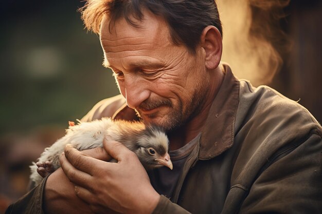 een man houdt een kip in zijn handen een generatieve ai kippenboerderij