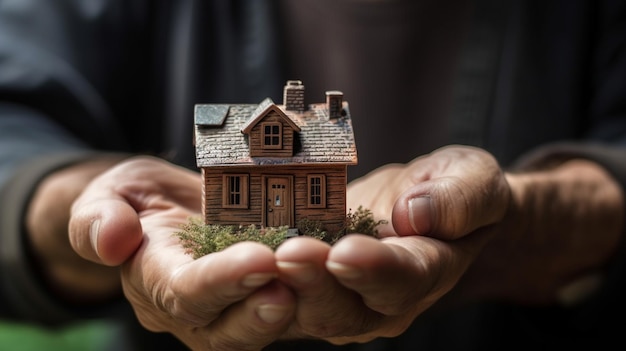 Een man houdt een klein huis in zijn handen