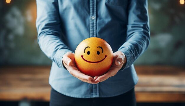 een man houdt een oranje bal vast met een glimlachend gezicht erop