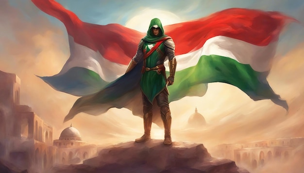 Een man houdt een Palestijnse vlag vast voor een Al Aqsa Moskee Superheld of Warrior die een Palestina draagt