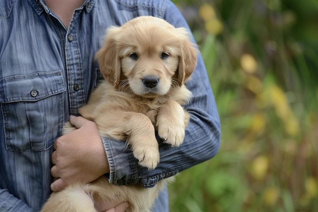 Een man houdt een puppy in zijn armen.