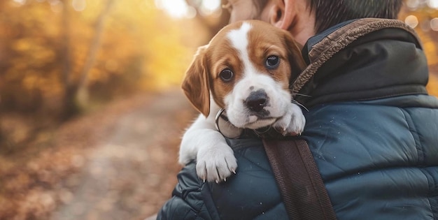 Een man houdt een puppy in zijn armen.