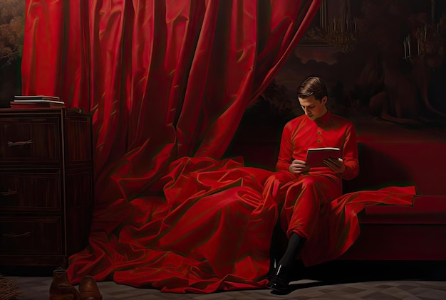 een man houdt een rood boek in zijn rug in de stijl van vrouwelijke interieurs