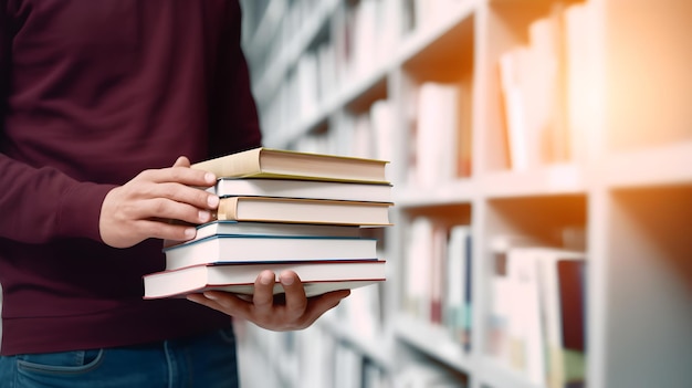 Een man houdt een stapel boeken voor een boekenplank.