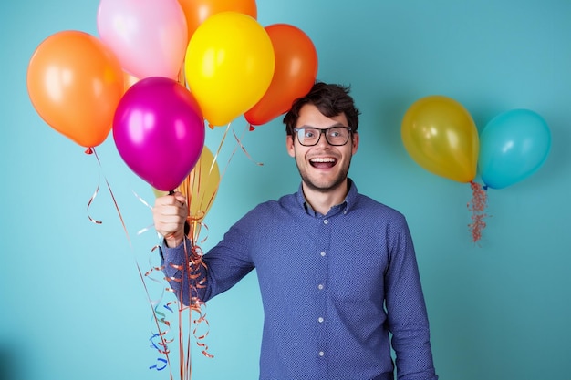 Een man houdt een stel ballonnen vast.