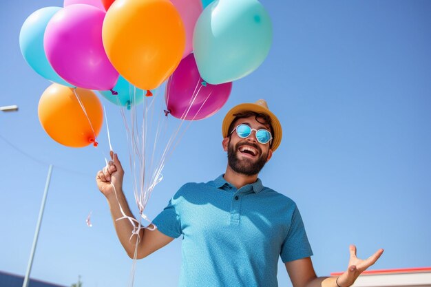 Een man houdt een stel ballonnen vast.