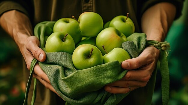 Een man houdt in zijn handen een groot aantal groene appels in een zak van natuurlijke stof