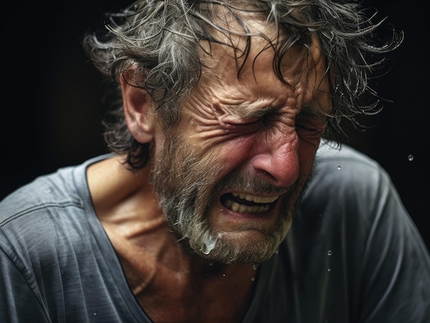 Foto een man huilt terwijl het water van zijn gezicht druppelt