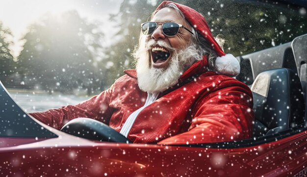 een man imiteert de kerstman die in een rode sportwagen rijdt in de stijl van een vreugdevolle viering van de natuur