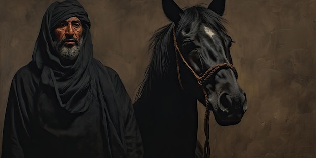een man in donkere kleding die naast een paard staat in de stijl van authentieke uitdrukkingen