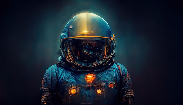 Een man in een astronautenkostuum staat onder de lichte 3D-illustratie