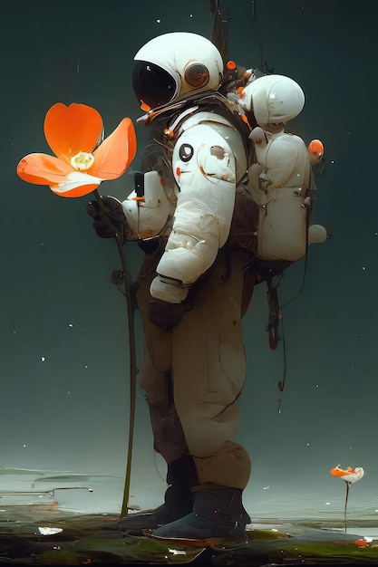 Een man in een astronautenpak houdt een bloem in zijn handen.