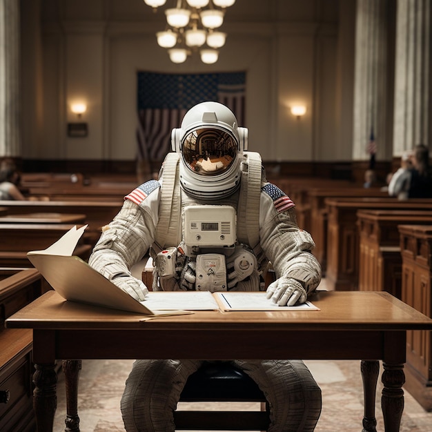 een man in een astronautenpak zit aan een bureau voor een vlag.