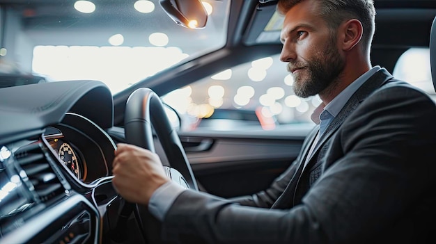 Foto een man in een auto met een baard en een pak op het stuurwiel