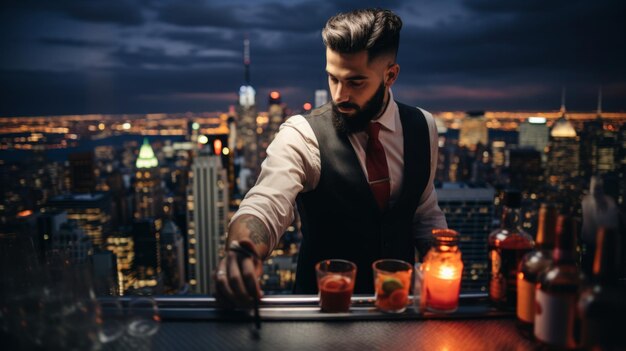 Foto een man in een bar met een glas sap en een drankje