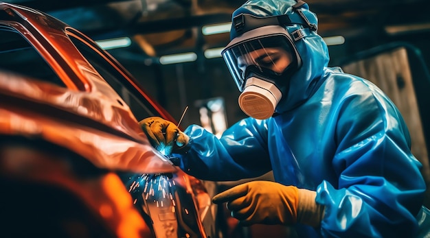 Een man in een beschermend pak en masker is een auto aan het lassen met een gasmasker op