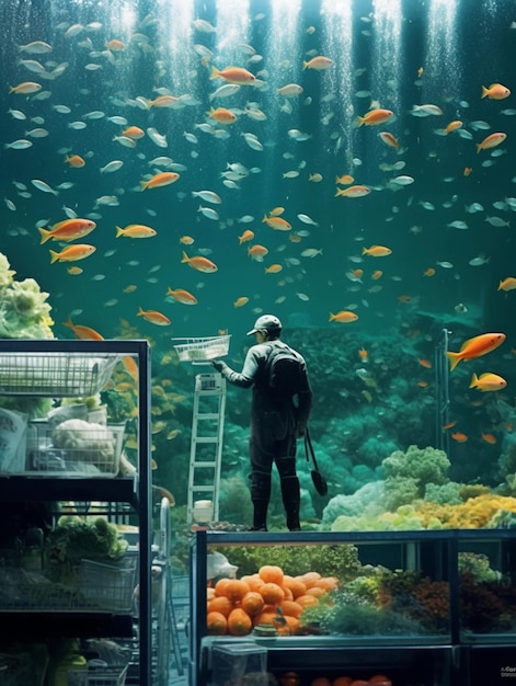 Een man in een beschermend pak kijkt naar de vissen in het aquarium