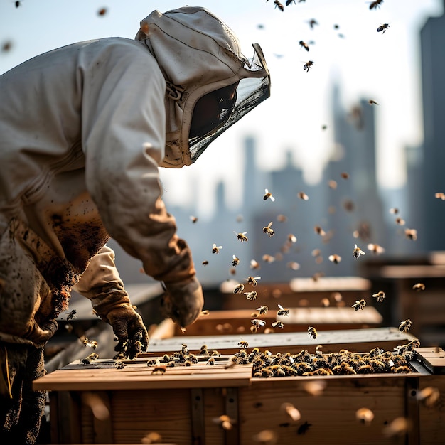 een man in een bijenpak werkt op een bijenkorf