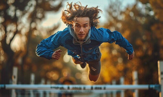 Foto een man in een blauw jasje springt over een bord dat zegt gelukkig de hel erop