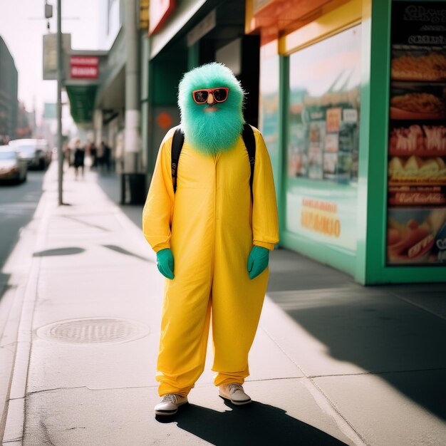 Foto een man in een blauw pak en gele hoed loopt door de stad een man in een blauw pak en een gele hoed wandelt