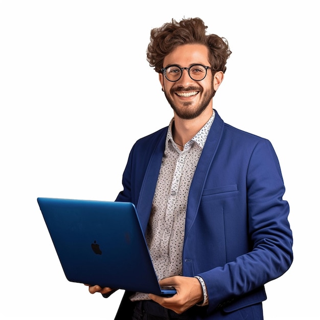 Een man in een blauw pak houdt een laptop vast.
