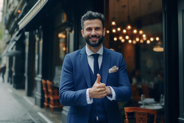 Een man in een blauw pak met een duim omhoog voor een restaurant.