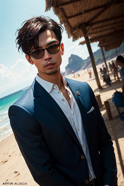 Een man in een blauw pak staat op een strand met een zonnebril op.