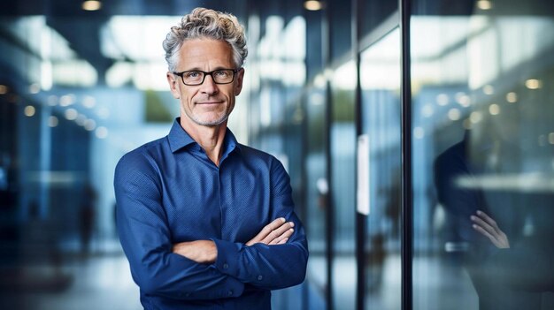 Foto een man in een blauw shirt en een bril die voor een glazen wand staat