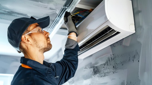 Een man in een blauw shirt en een masker onderhoudt een airconditioner