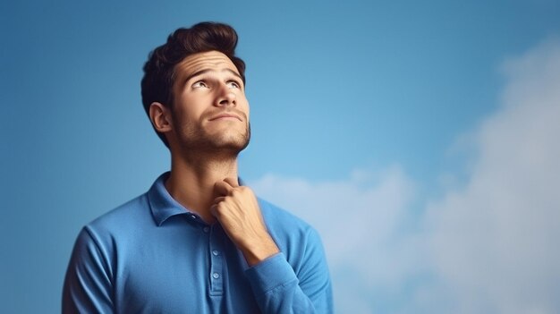 Foto een man in een blauw shirt kijkt omhoog met zijn hand op zijn kin.