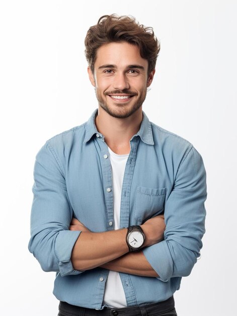 Foto een man in een blauw shirt met zijn armen over elkaar