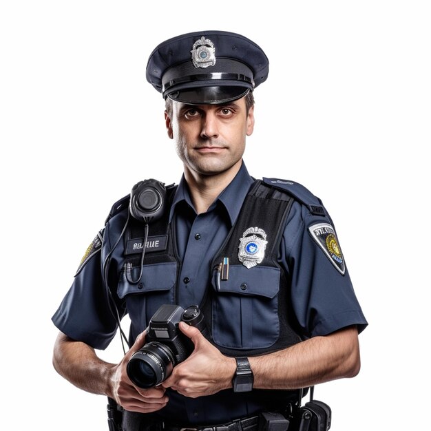 Een man in een blauw uniform met een camera op zijn schouder.