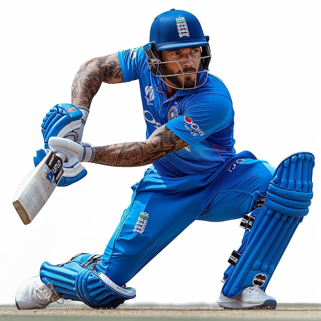 Een man in een blauwe outfit speelt cricket met een knuppel op een witte achtergrond