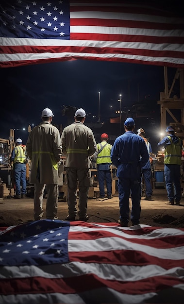 Een man in een blauwe overall die voor een Amerikaanse vlag staat, de dag van de arbeid