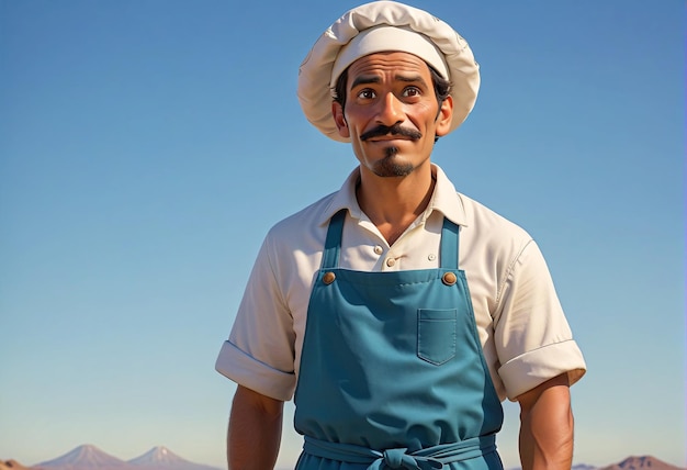 een man in een blauwe schort en hoed staat in de woestijn