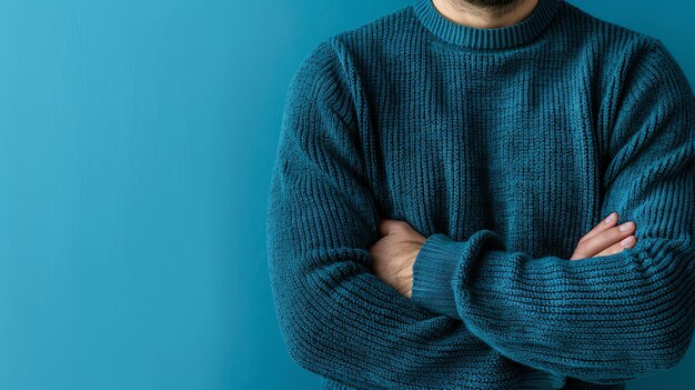 Een man in een blauwe trui met zijn armen gekruist hij staat tegen een blauwe achtergrond