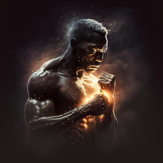 Een man in een bokshouding met een gloeiend lichaam en vuist in het donker met sterren rondom Generative AI
