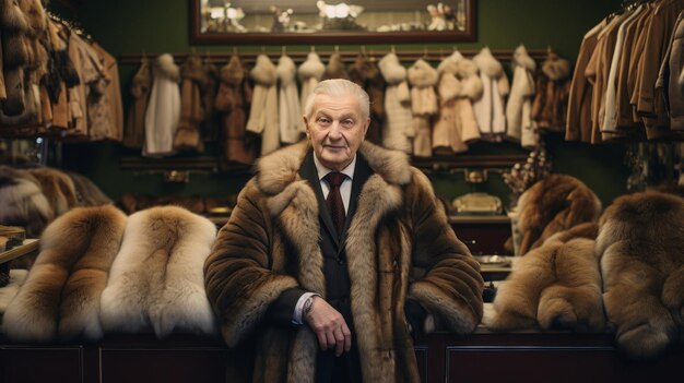 Foto een man in een bontjas zit voor een spiegel met bont in de rij